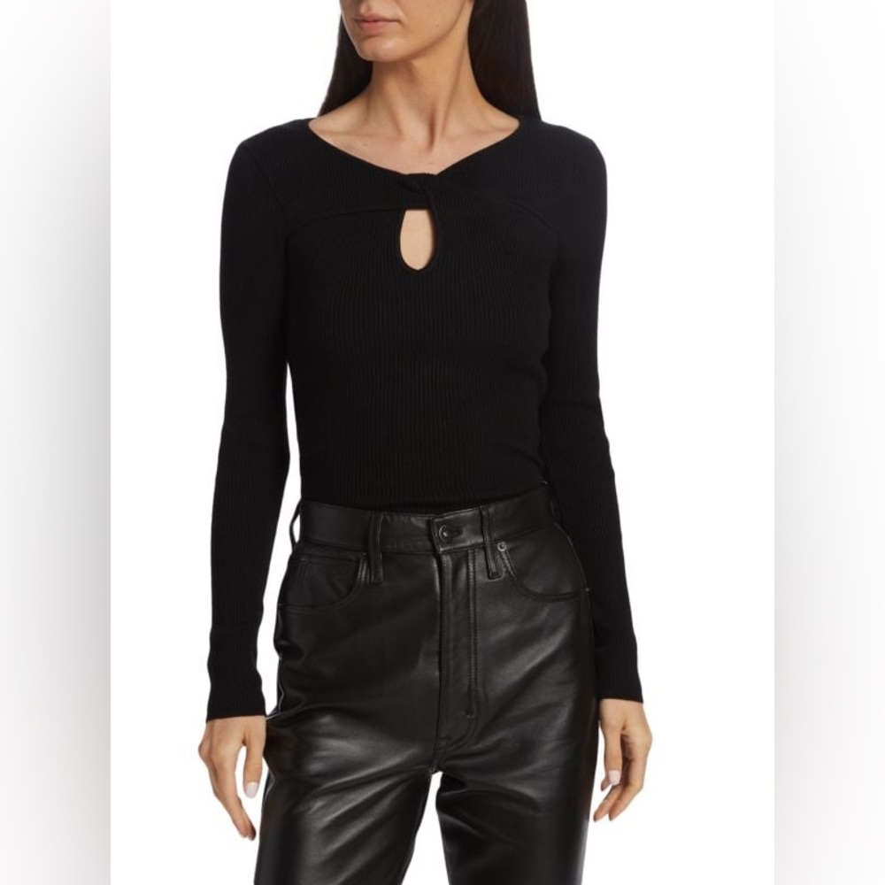 Y2K Bow Design Key Hole Front Black Ribbed Long Sleeve Top